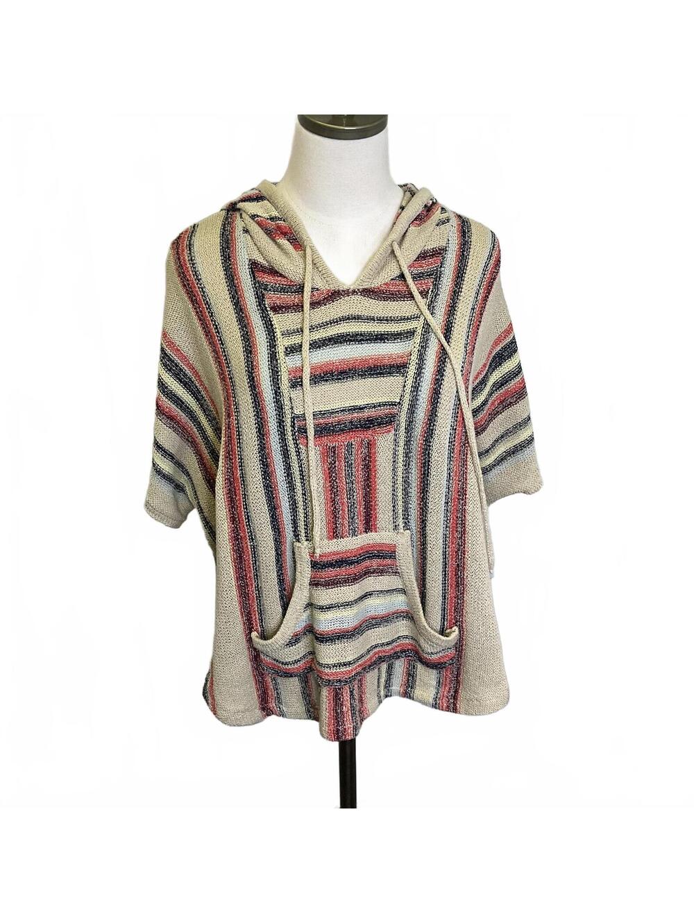 Paper Crane Baja Knit Hoodie Multicolor Striped Poncho Pullover Sweater Small